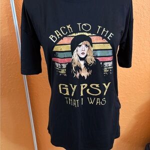 Stevie Nicks Source Unknown Black Graphic Tee with Retro Sunrise Illustration